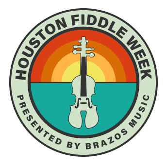 Logo for Houston Fiddle Week - a circular badge in pale green with the words Houston Fiddle Week Presented by Brazos Music around the outside. The interior contains a pale green violin in the foreground with a yellow, orange, and red rainbow in the background.