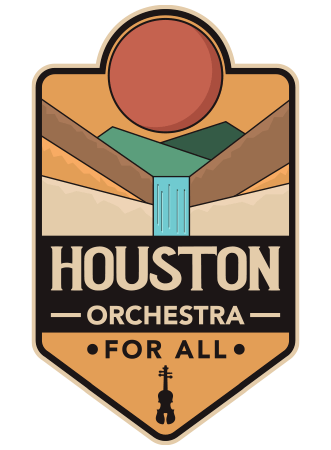 Houston Orchestra For All logo. A portrait-oriented image of a red sun rising above a valley between two mountains with a waterfall in the middle. The text Houston Orchestra for All is arranged below, with a small black violin at the bottom.