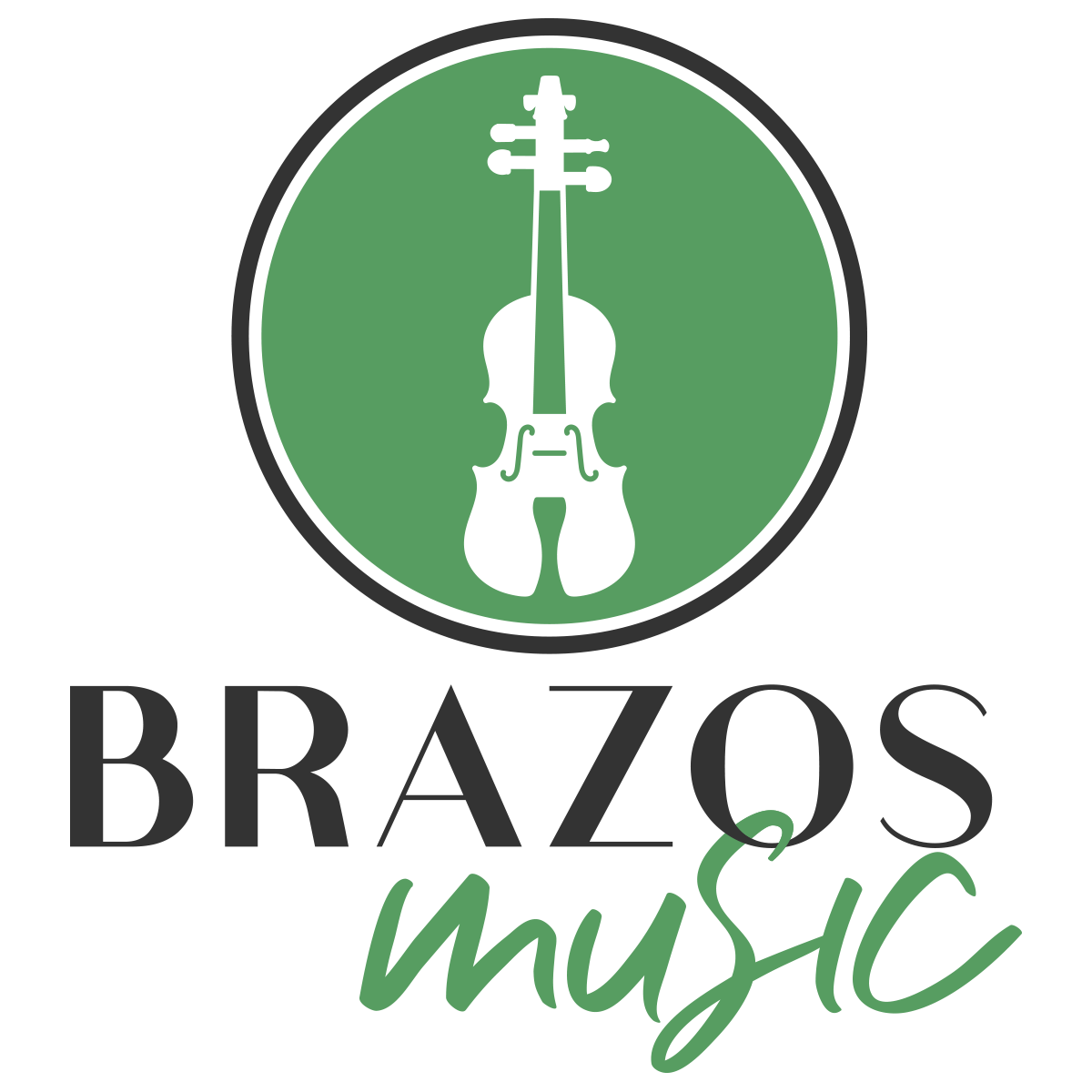 Logo for Brazos Music - A white violin on a green circle with a dark gray border above the name.