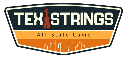 TexStrings All-State Camp logo. Shaped like a vintage gas station sign, the logo contains the name at the top, with a violin in between Tex and Strings, beige on a dark blue background, with All-State Camp below in dark blue on an orange background, and an outline of the Houston downtown skyline at the bottom.